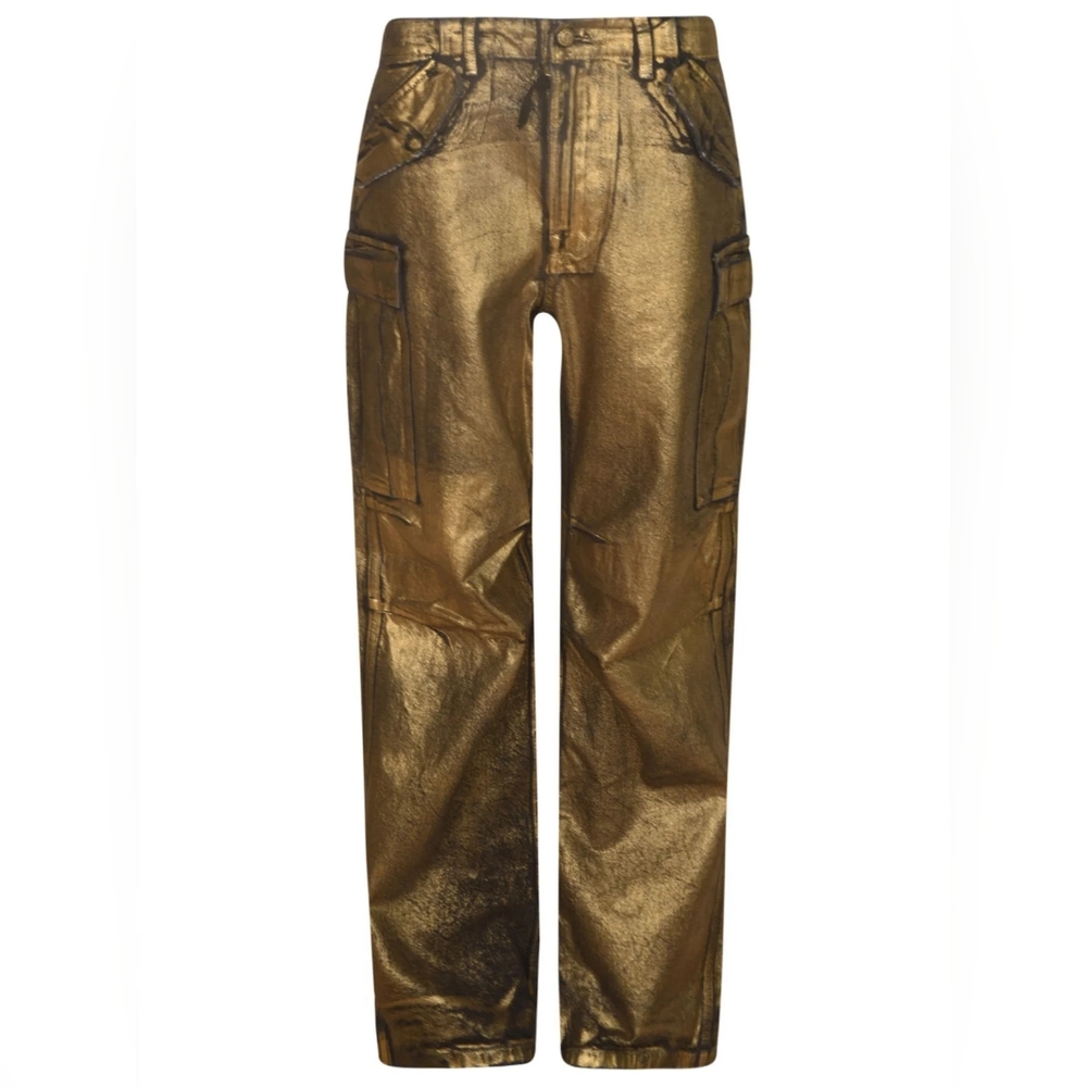 nwt $2178 R13 Gold Foiled Metallic Calf Leather Wide Leg Cargo Pants